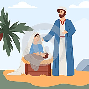 Bible Nativity with Mary, Baby Jesus and Saint Joseph flat vector illustration.