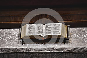 Bible in the pulpit of a church. Harlem, NYC