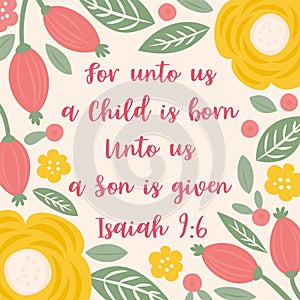 Bible Quote from Isaiah about jesus for christmas holidays, with floral and leaves doodles Hand drawn style