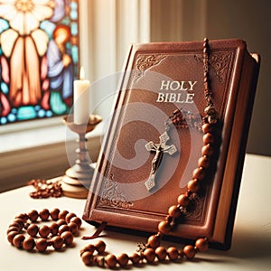 Bible with rosary beads on table in church, closeup. Religion Concept