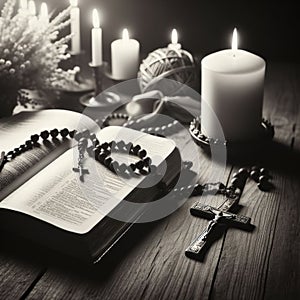 Bible with rosary beads on table in church, closeup. Religion Concept