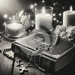 Bible with rosary beads on table in church, closeup. Religion Concept