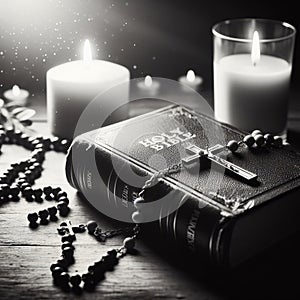 Bible with rosary beads on table in church, closeup. Religion Concept