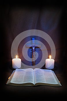 Bible, Rosary, Crucifix and Two Candles