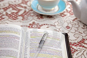 Bible Set Out with Tea for a Ladies Bible Study