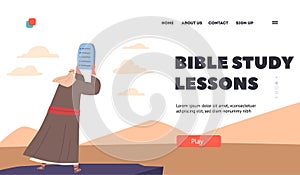 Bible Study Lessons Landing Page Template. Moses Character Holding Tablets of Stone with Ten Commandments at Mount Sinai