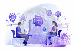 Bible Study. Man and woman working on computer. Teamwork concept. Vector illustration