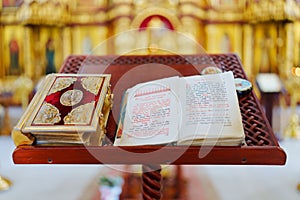 A Bible on a table for church ceremonies.