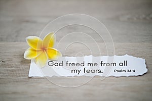 Bible verse quote - God freed me from all my fears. Psalm 34:4 . Spiritual or religious inspirational text message on white paper