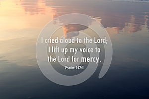 Bible verse quote - I cried aloud to the Lord, i lift up my voice to the Lord for mercy. Psalm 142:1 Sky reflection on the water. photo