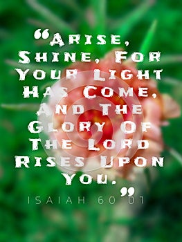 Bible verses Isaiah 60 :01 `Arise Shine for your light has come glory of the lord rises upon you`