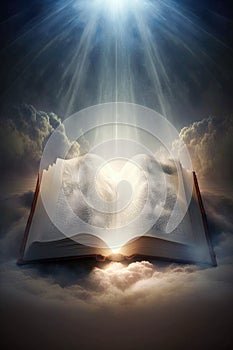 The Bible the Word of God the Gospel in the Clouds of Heaven Way to Salvation Generative AI Illustration