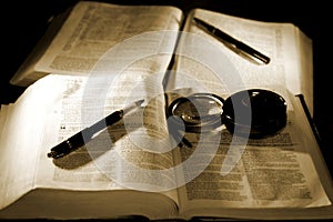 Bibles with Pens for Studying (sepia) photo