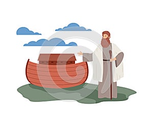 Biblical flood with Noah standing near ark, flat vector illustration isolated.