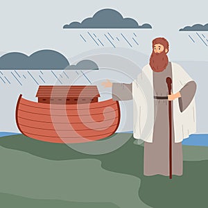Biblical Genesis flood narrative of Noah and Ark, flat vector illustration.