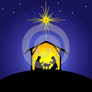 Biblical illustration. Christmas story. Mary and Joseph with the baby Jesus. Nativity scene near the city of Bethlehem