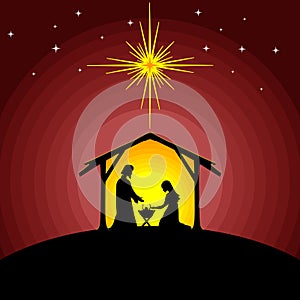Biblical illustration. Christmas story. Mary and Joseph with the baby Jesus. Nativity scene near the city of Bethlehem