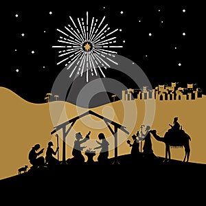 Biblical illustration. Christmas story. Mary and Joseph with the baby Jesus. Nativity scene near the city of Bethlehem.