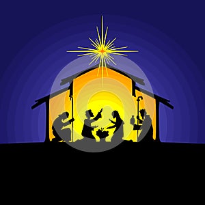 Biblical illustration. Christmas story. Mary and Joseph with the baby Jesus. Nativity scene near the city of Bethlehem.