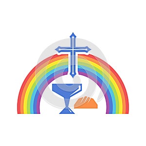 Biblical illustration. Jesus cross, symbols of the sacrament and rainbow of the covenant