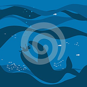 Biblical illustration. Jonah in the sea abyss, the whale swallowed it