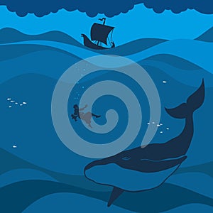 Biblical illustration. Jonah in the sea abyss, the whale swallowed it