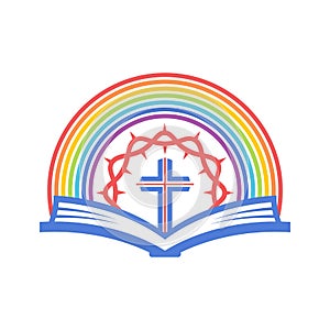 Biblical illustration. An open bible and a rainbow of the covenant