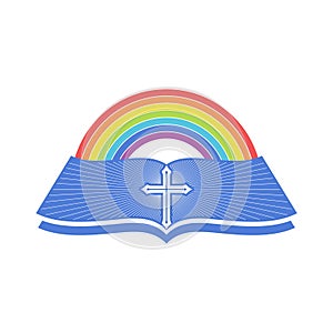 Biblical illustration. An open bible and a rainbow of the covenant