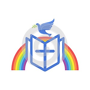 Biblical illustration. An open bible, a rainbow of the covenant, and a dove - a symbol of the Spirit