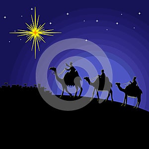 Biblical illustration. The wise men go to Bethlehem to worship the born baby Christ