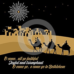 Biblical illustration. The wise men go to Bethlehem to worship the born baby Christ