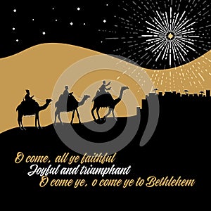 Biblical illustration. The wise men go to Bethlehem to worship the born baby Christ