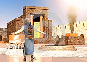 Biblical Jewish Priest Standing In Front Of King Solomon`s Temple photo