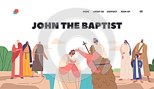 Biblical Landing Page Template with John The Baptist Baptizing Jesus In River With People Watch Vector Illustration