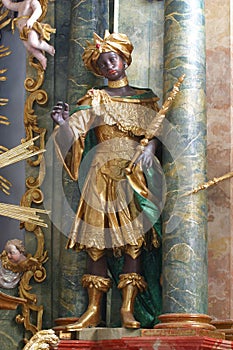 Biblical Magi Balthazar statue on the altar in the Church of Our Lady of the Snow in Belec, Croatia