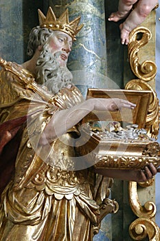 Biblical Magi Melchior statue on the altar in the Church of Our Lady of the Snow in Belec, Croatia