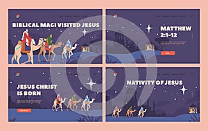 Biblical Magi Visited Jesus Landing Page Template Set. Characters On Camels Travel By Night To Visit Baby Jesus