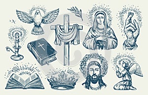 Religion symbols set sketch. Biblical motifs. Cross spirituality, catholicism, christianity religious elements photo