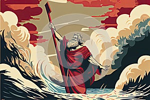 Biblical and religion vector illustration series, Moses held out his staff and the Red Sea was parted by God