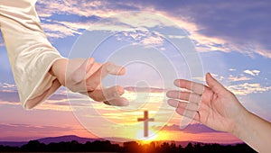 biblical scene, close-up of Jesus Christ Hand against sunset in evening beautiful dramatic sky ask for follow or following offer, photo