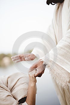 Biblical scene - of Jesus Christ healing the female with a blurred background