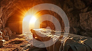 biblical scene of Resurrection Of Jesus Christ, Tomb Empty with sun rayes, Easter photo