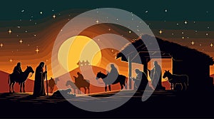 Biblical story of Christmas flat cartoon background. Vector illustration