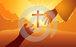 God hand reaching out for human hand with cross on hill as the background photo