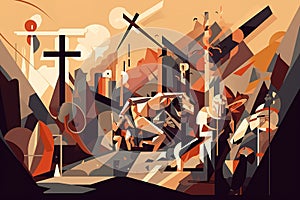 Biblical vector illustration series Way of the Cross or Stations of the Cross, eleventh station, Jesus is Nailed To The Cross.