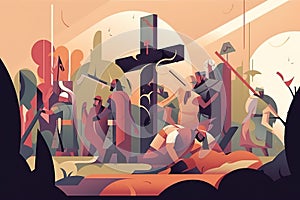 Biblical vector illustration series Way of the Cross or Stations of the Cross, eleventh station, Jesus is Nailed To The Cross.