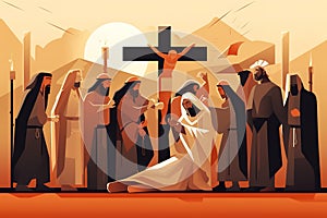 Biblical vector illustration series Way of the Cross or Stations of the Cross, eleventh station, Jesus is Nailed To The Cross.