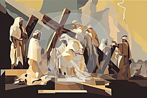 Biblical vector illustration series Way of the Cross or Stations of the Cross, eleventh station, Jesus is Nailed To The Cross.