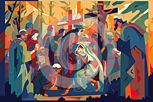 Biblical vector illustration series Way of the Cross or Stations of the Cross, eleventh station, Jesus is Nailed To The Cross.