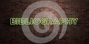 BIBLIOGRAPHY - fluorescent Neon tube Sign on brickwork - Front view - 3D rendered royalty free stock picture